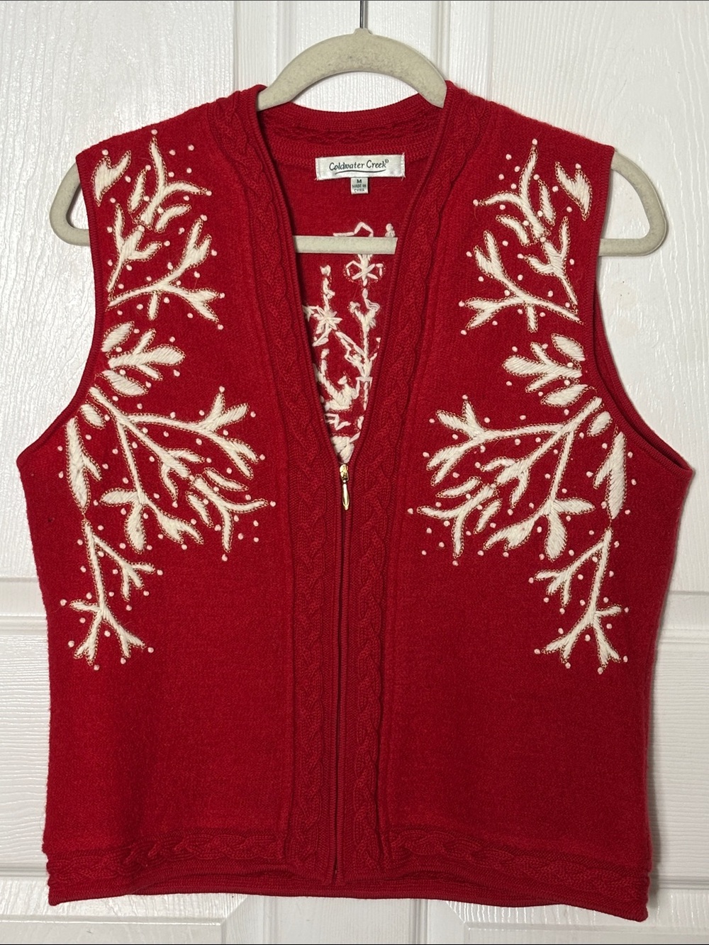 COLDWATER CREEK Red wool vest white holiday design zip up Vneck vest size medium